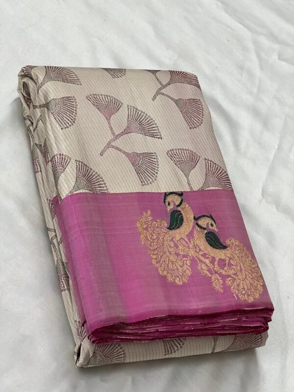 Designer Kanchipuram Silk Saree In White With Pink