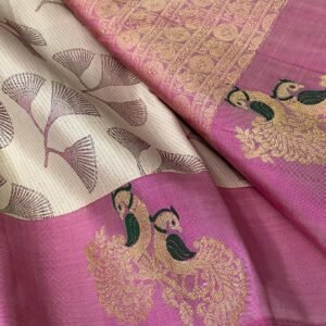 Designer Kanchipuram Silk Saree In White With Pink