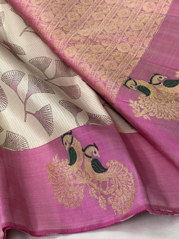 Designer Kanchipuram Silk Saree In White With Pink