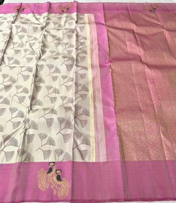 Designer Kanchipuram Silk Saree In White With Pink
