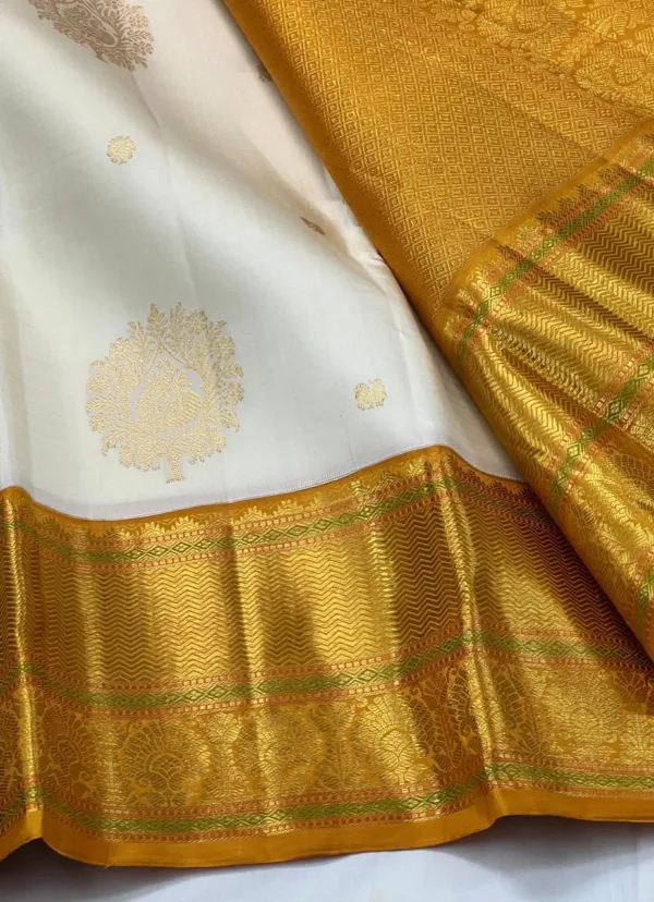 Kanchipuram Silk Saree In White With Mustard Yellow