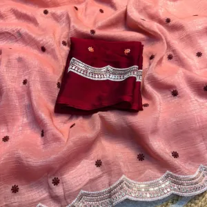 Crunchy Chiffon Party Wear Saree In Peach With Maroon