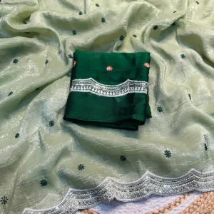 Crunchy Chiffon Party Wear Saree In Pista Green