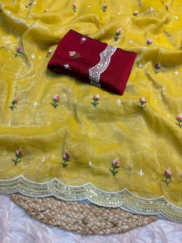 Yellow Crunchy Chiffon Party Wear Saree