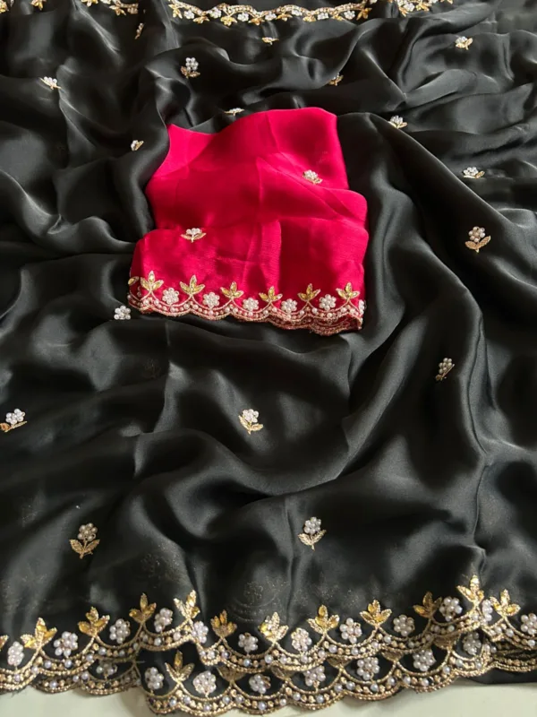 Black Chiffon Pearl Work Designer Saree