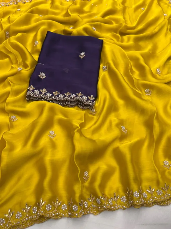 Yellow Chiffon Pearl Work Designer Saree
