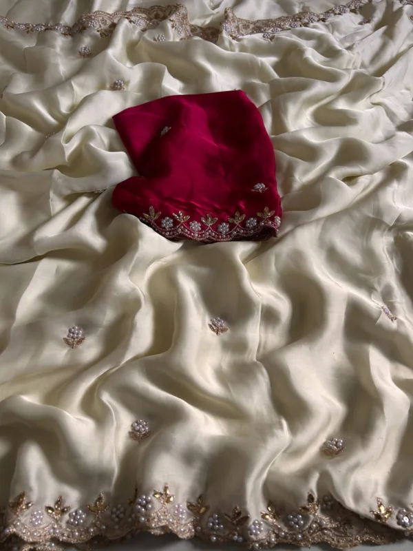 Pearl White Chiffon Pearl Work Designer Saree