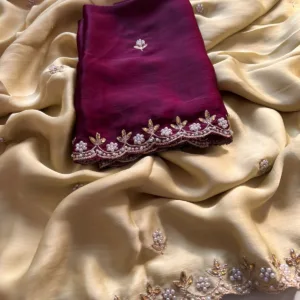 Cream Chiffon Pearl Work Designer Saree