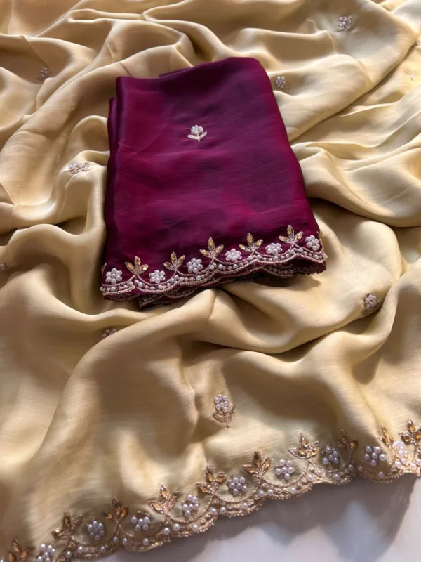 Cream Chiffon Pearl Work Designer Saree