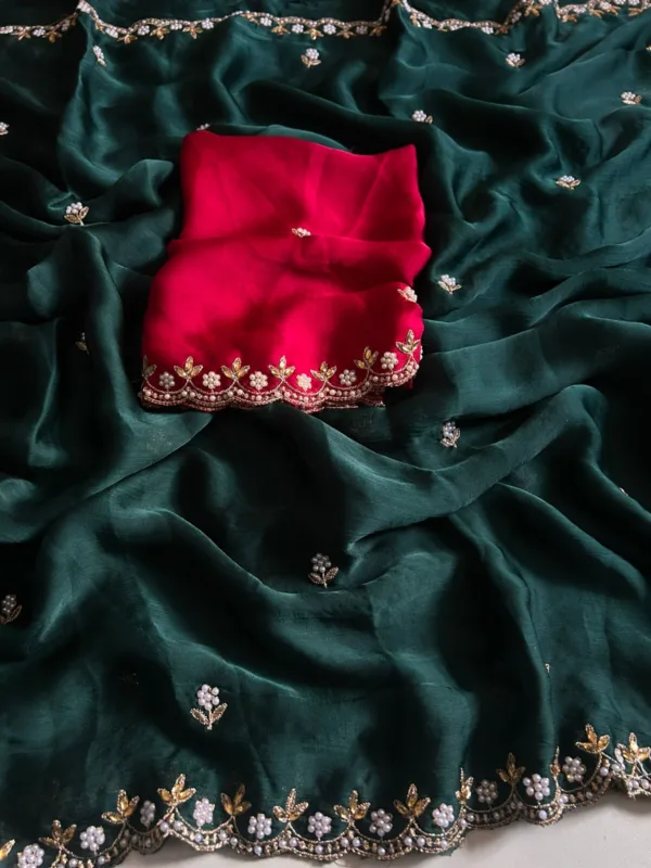 Dark Green Chiffon Pearl Work Designer Saree