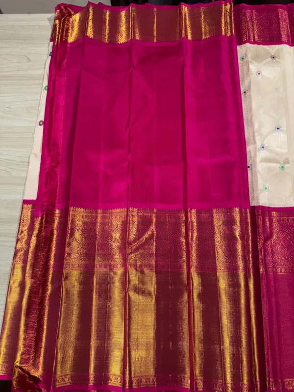 White With Pink Kanchipuram SIlk Saree In Big Border