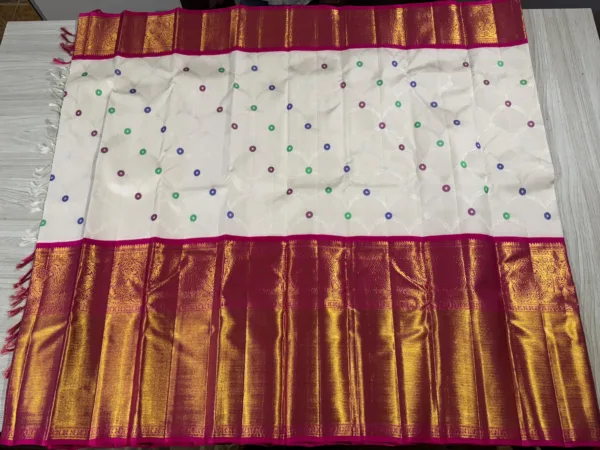 White With Pink Kanchipuram SIlk Saree In Big Border