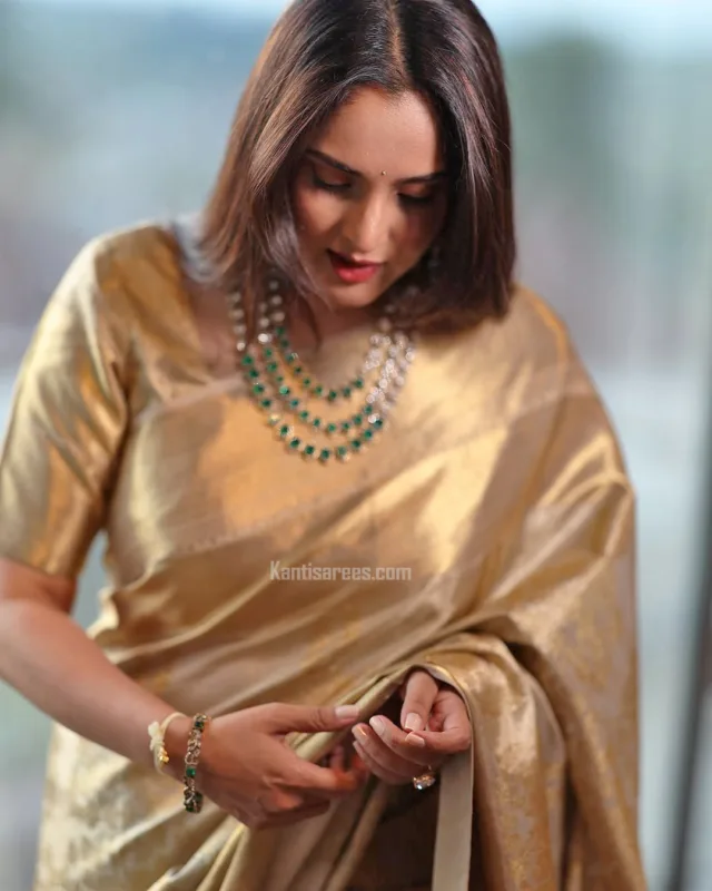 Grace in Gold: Ramya in Kanjivaram Silk Saree Stuns in Cremish Elegance 3 Ramya in Kanjivaram Silk Saree