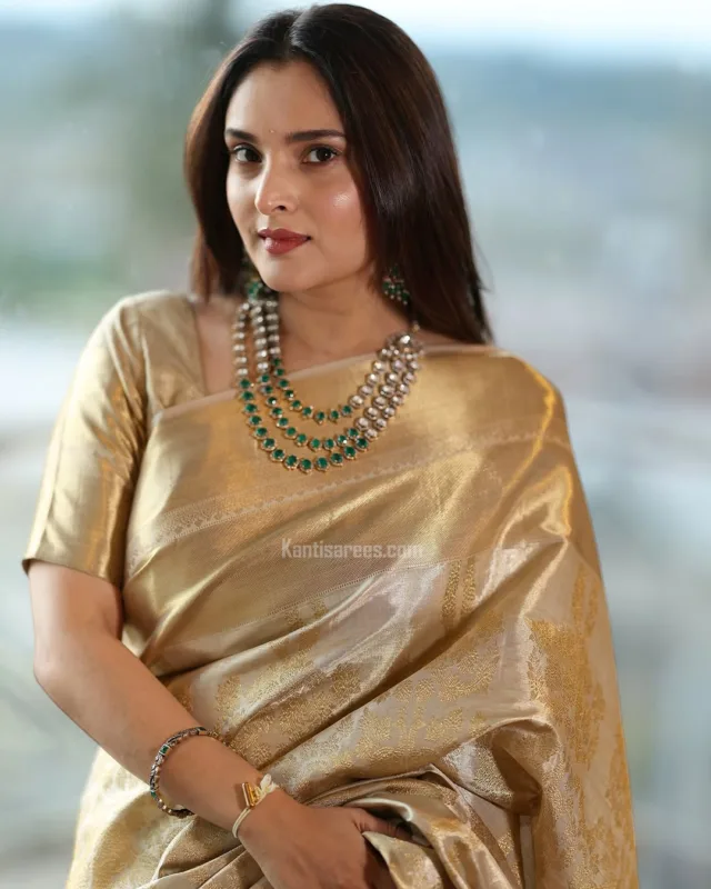 Grace in Gold: Ramya in Kanjivaram Silk Saree Stuns in Cremish Elegance 4 Ramya in Kanjivaram Silk Saree