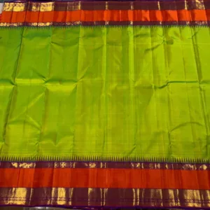 Parrot Green Kanchipuram Silk Saree With Orange Border & Purple Pallu