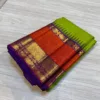 Parrot Green Kanchipuram Silk Saree With Orange Border & Purple Pallu