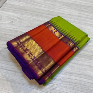 Parrot Green Kanchipuram Silk Saree With Orange Border & Purple Pallu
