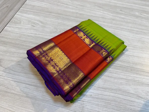 Parrot Green Kanchipuram Silk Saree With Orange Border & Purple Pallu