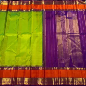 Parrot Green Kanchipuram Silk Saree With Orange Border & Purple Pallu