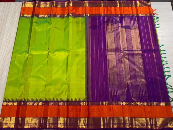 Parrot Green Kanchipuram Silk Saree With Orange Border & Purple Pallu