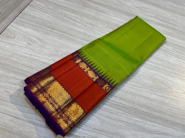 Parrot Green Kanchipuram Silk Saree With Orange Border & Purple Pallu