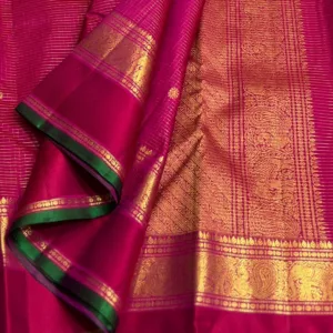Retta Patta Border Kanchipuram Silk Saree In Rani Pink