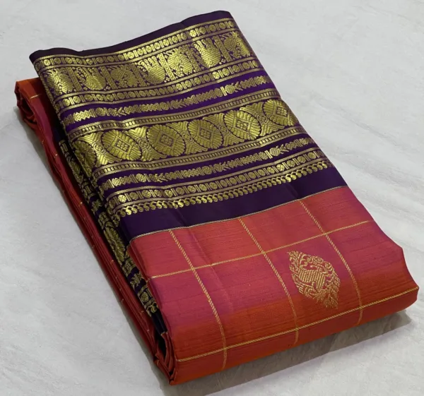 Rust Orange With Purple Kanchipuram Silk Saree