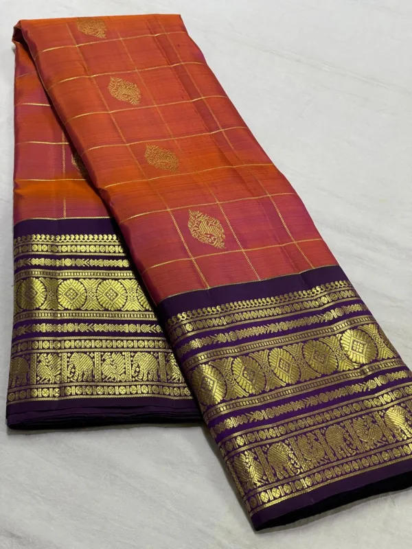Rust Orange With Purple Kanchipuram Silk Saree