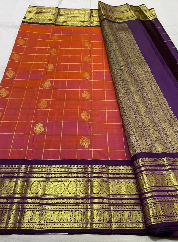 Rust Orange With Purple Kanchipuram Silk Saree