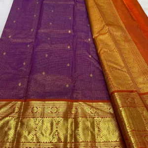 Kanchipuram Silk Saree In Dark Purple With Orange