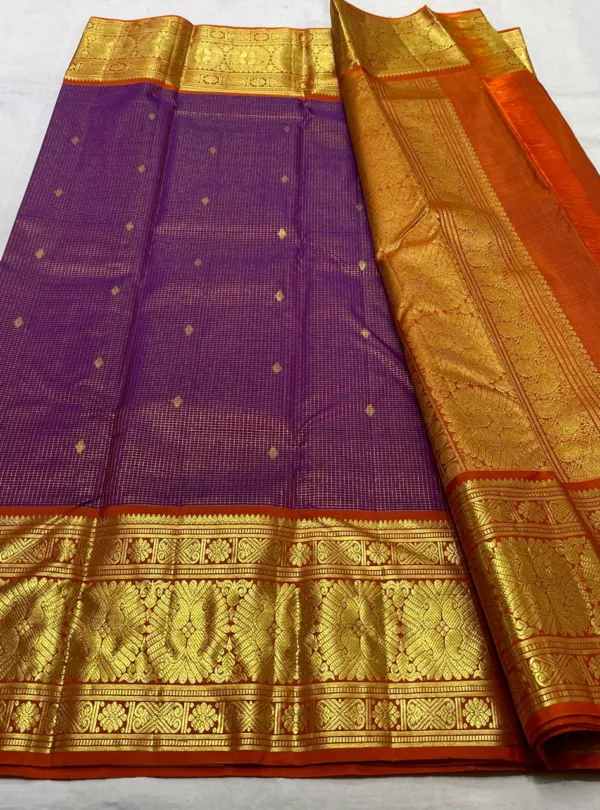 Kanchipuram Silk Saree In Dark Purple With Orange