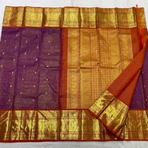 Kanchipuram Silk Saree In Dark Purple With Orange