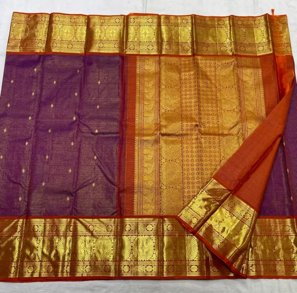 Kanchipuram Silk Saree In Dark Purple With Orange