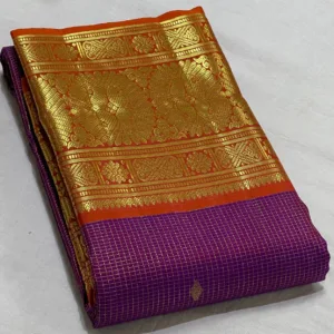 Kanchipuram Silk Saree In Dark Purple With Orange