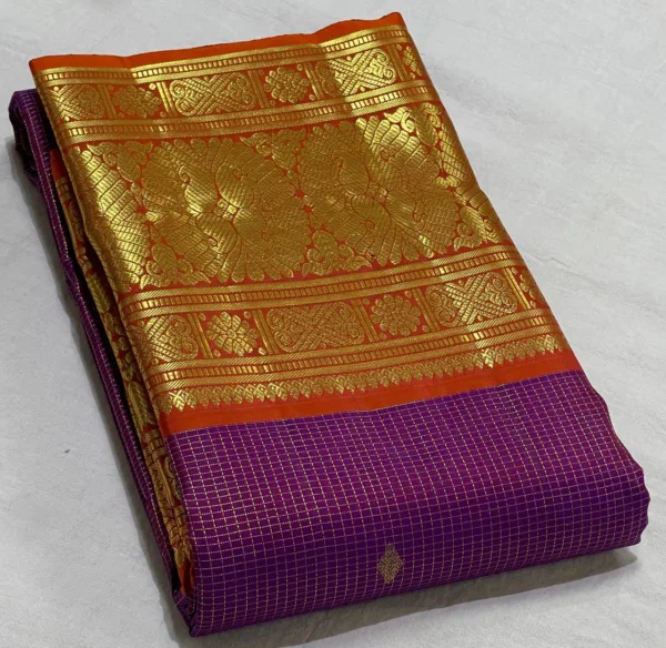 Kanchipuram Silk Saree In Dark Purple With Orange