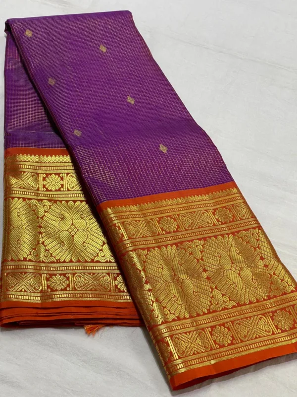 Kanchipuram Silk Saree In Dark Purple With Orange
