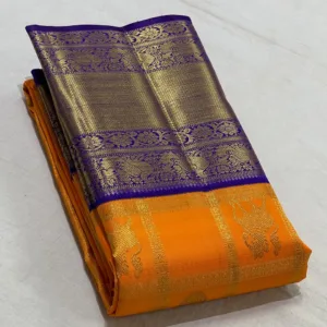 Korvai Kanchipuram Silk Saree In Orange With Royal Blue
