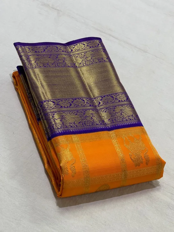 Korvai Kanchipuram Silk Saree In Orange With Royal Blue