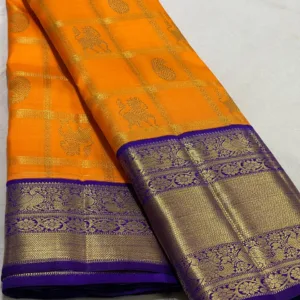 Korvai Kanchipuram Silk Saree In Orange With Royal Blue
