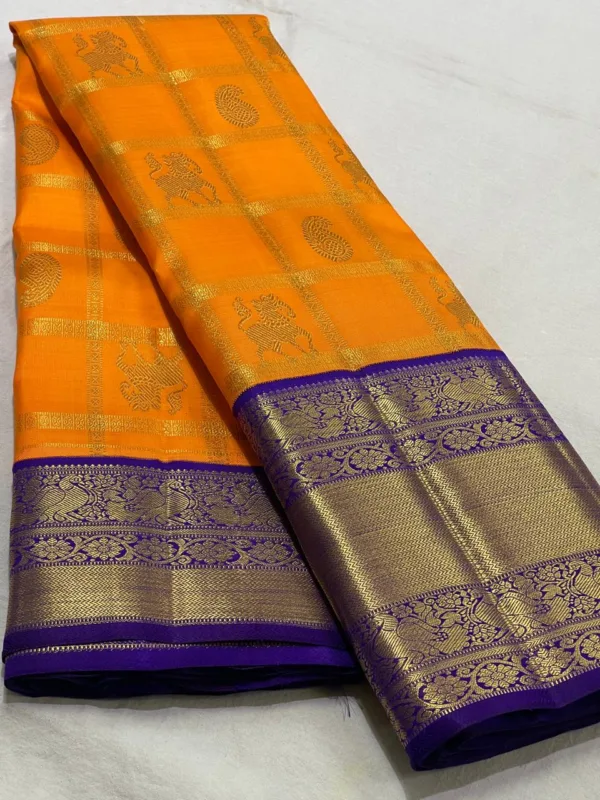 Korvai Kanchipuram Silk Saree In Orange With Royal Blue