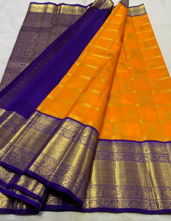 Korvai Kanchipuram Silk Saree In Orange With Royal Blue