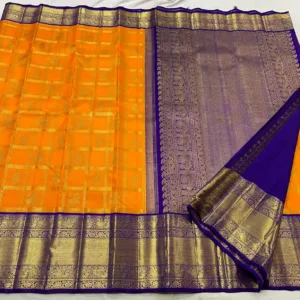 Korvai Kanchipuram Silk Saree In Orange With Royal Blue