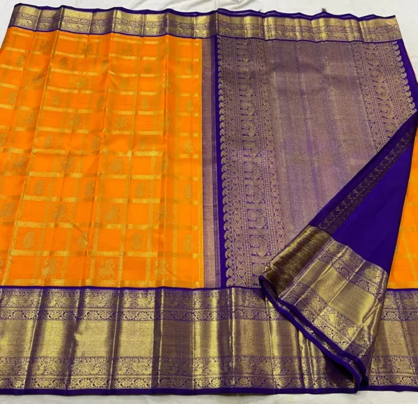 Korvai Kanchipuram Silk Saree In Orange With Royal Blue