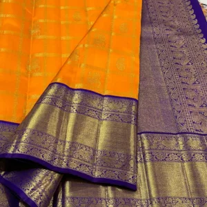 Korvai Kanchipuram Silk Saree In Orange With Royal Blue