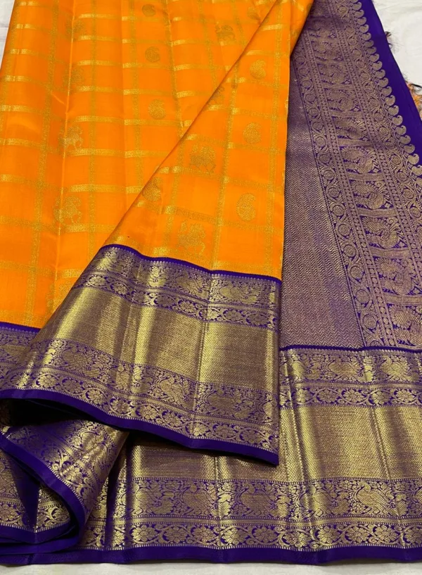 Korvai Kanchipuram Silk Saree In Orange With Royal Blue