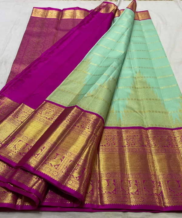 Sea Green Kanchipuram Silk Saree With Rani Pink