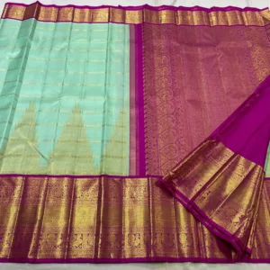Sea Green Kanchipuram Silk Saree With Rani Pink