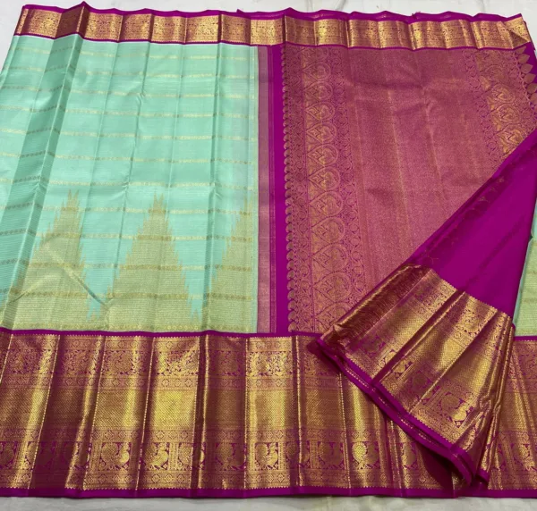 Sea Green Kanchipuram Silk Saree With Rani Pink