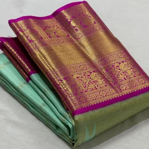 Sea Green Kanchipuram Silk Saree With Rani Pink