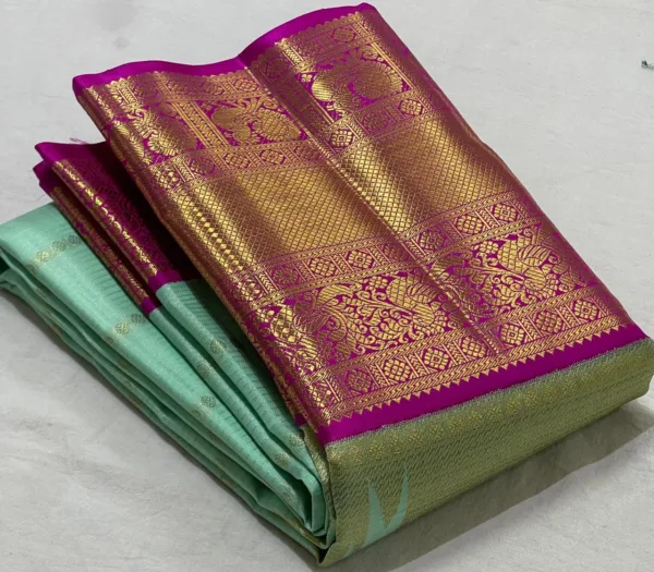 Sea Green Kanchipuram Silk Saree With Rani Pink